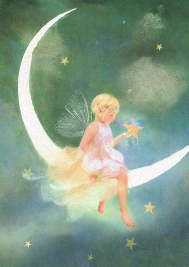 Greeting Card - Blonde angel on crescent moon